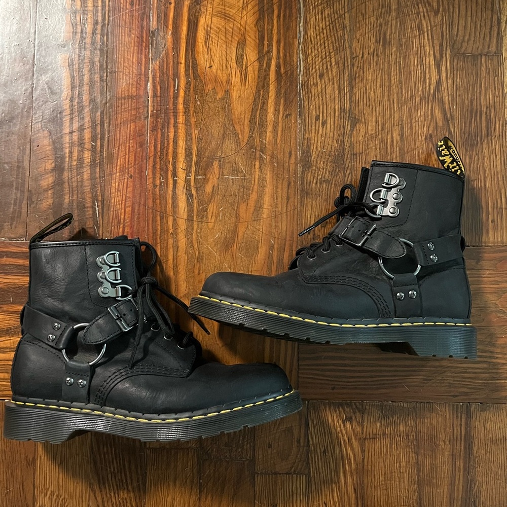 Black Leather Doc Marten Combat Boots with Harness Rings - Picture 9 of 9